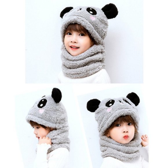 Toddler Winter Hat with Attached Funnel Scarf Embroidered Panda Grey Fleece NWT - Picture 2 of 7